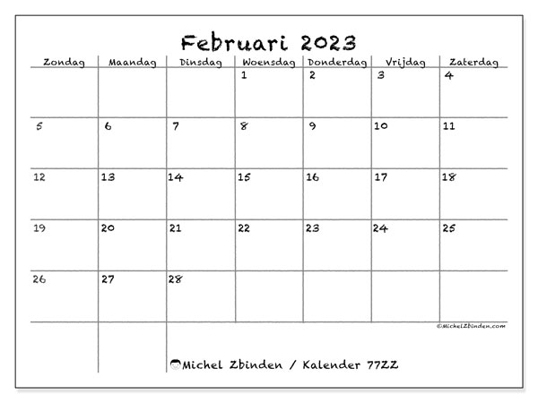 Kalender om af te drukken, februari 2023, 77ZZ