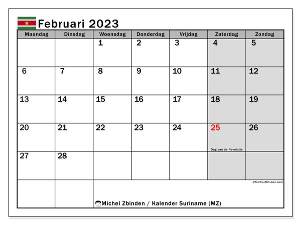 Suriname (MZ), kalender februari 2023, om af te drukken, gratis.