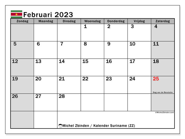 Kalender om af te drukken, februari 2023, Suriname (ZZ)