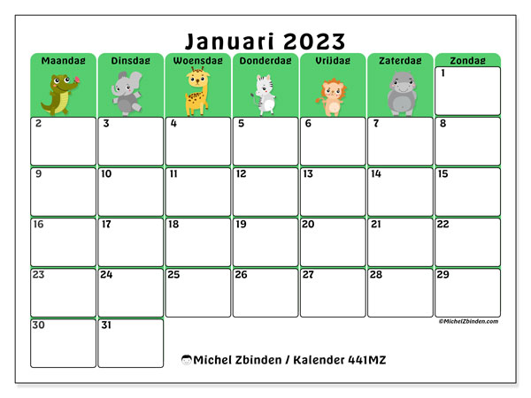 Kalender januari 2023 om af te drukken. Maandkalender “441MZ” en gratis printbare agenda