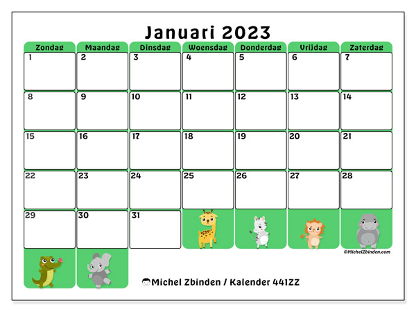 Kalender januari 2023 om af te drukken. Maandkalender “441ZZ” en planning om gratis te printen