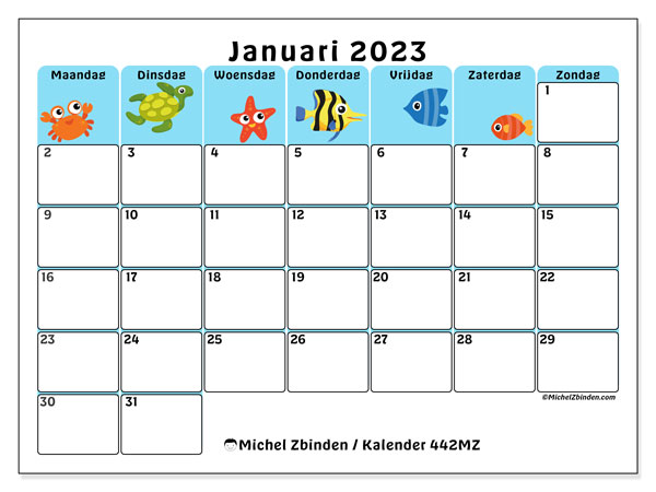 Kalender januari 2023 om af te drukken. Maandkalender “442MZ” en gratis printbare agenda