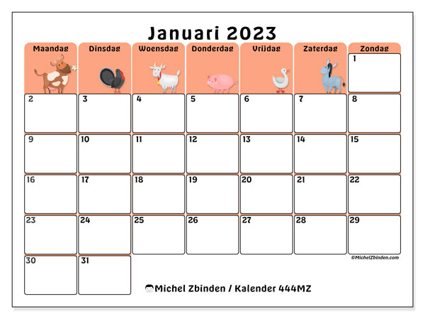 Kalender januari 2023 om af te drukken. Maandkalender “444MZ” en gratis afdrukbare schema