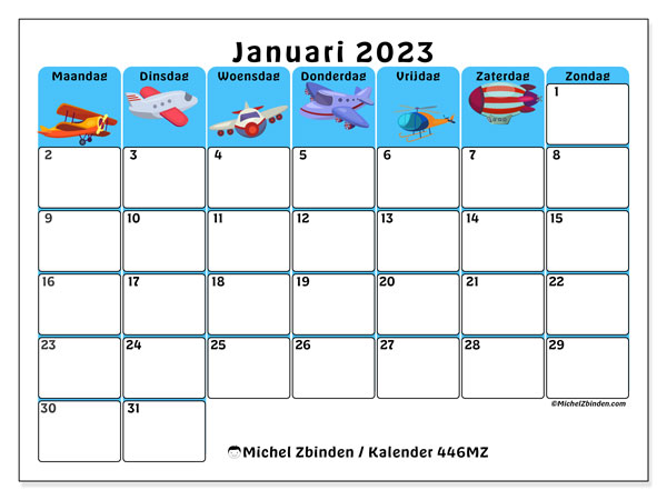 Kalender januari 2023 om af te drukken. Maandkalender “446MZ” en agenda om gratis te printen