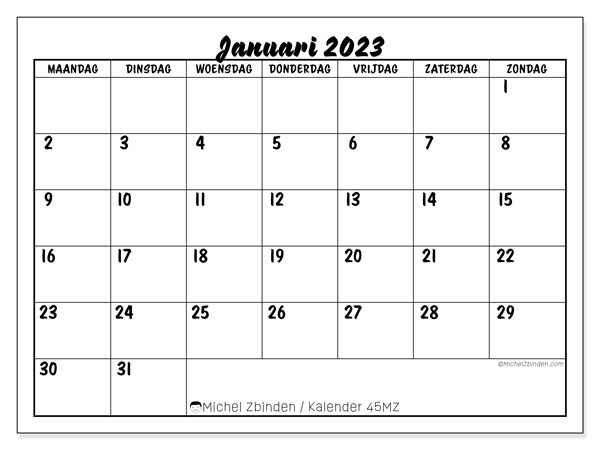 Kalender januari 2023 om af te drukken. Maandkalender “45MZ” en gratis afdrukbare agenda