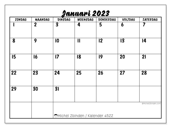 Kalender om af te drukken, januari 2023, 45ZZ