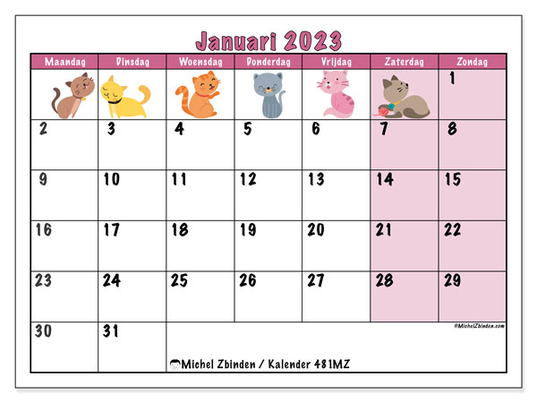 Kalender januari 2023 om af te drukken. Maandkalender “481MZ” en agenda om gratis af te drukken