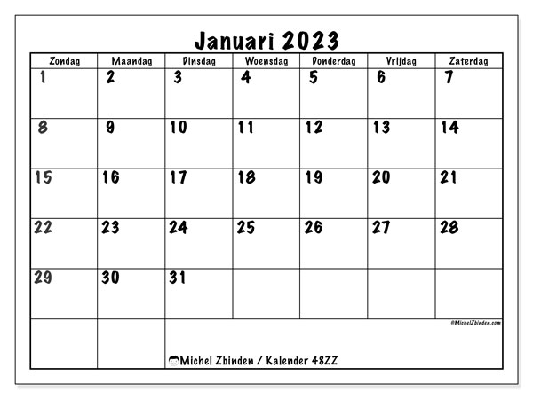 Kalender om af te drukken, januari 2023, 48ZZ