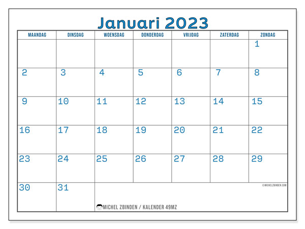 Kalender januari 2023 om af te drukken. Maandkalender “49MZ” en agenda om gratis af te drukken