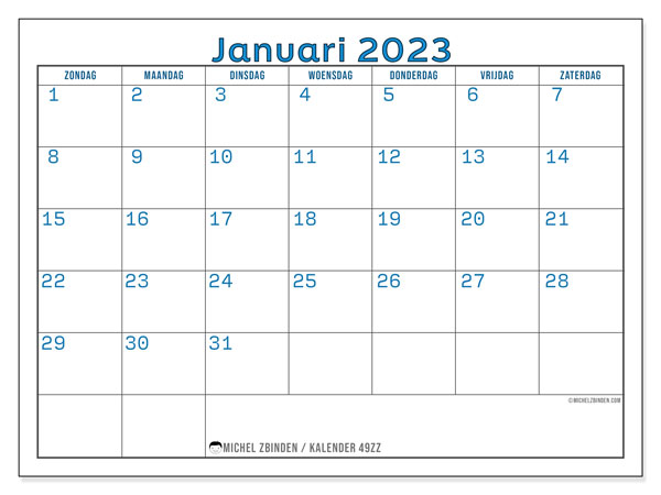 Kalender om af te drukken, januari 2023, 49ZZ