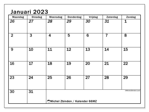 Kalender om af te drukken, januari 2023, 501MZ