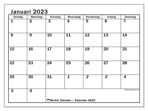 Kalender januari 2023 om af te drukken. Maandkalender “501ZZ” en schema om gratis af te drukken