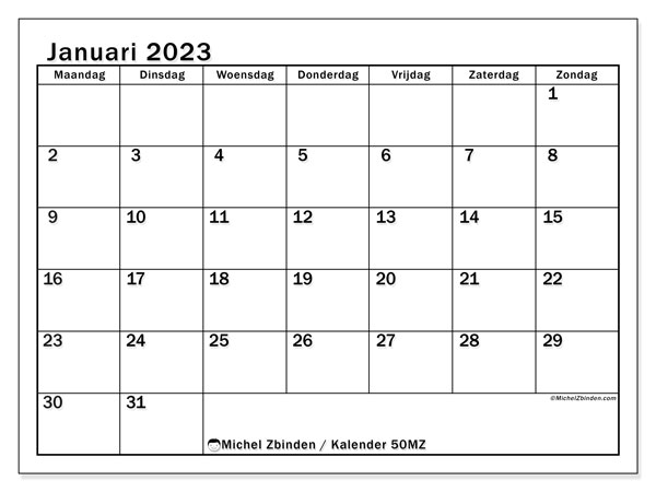 Kalender januari 2023 om af te drukken. Maandkalender “50MZ” en gratis printbare planning