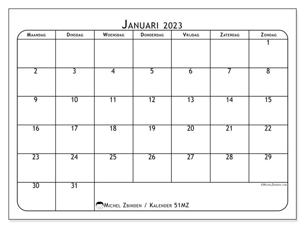 Kalender januari 2023 om af te drukken. Maandkalender “51MZ” en gratis printbare agenda