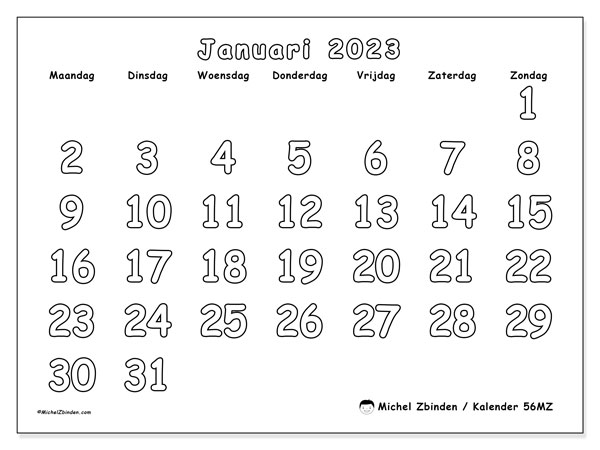 Kalender om af te drukken, januari 2023, 56MZ