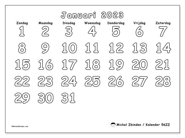 Kalender om af te drukken, januari 2023, 56ZZ