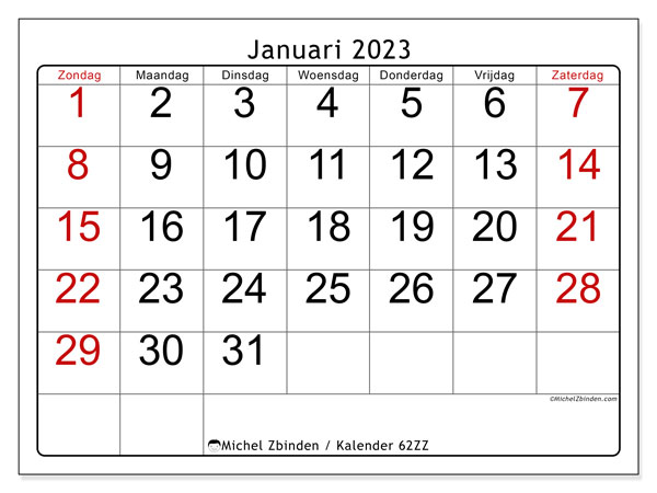 Kalender januari 2023 om af te drukken. Maandkalender “62ZZ” en gratis printbare schema