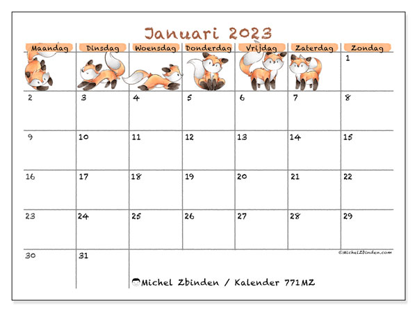 Kalender januari 2023 om af te drukken. Maandkalender “771MZ” en gratis afdrukbare agenda