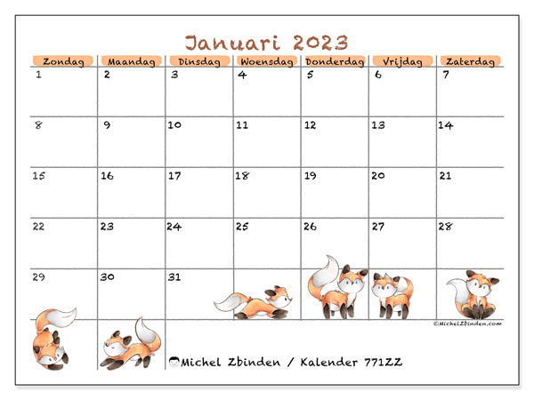 Kalender om af te drukken, januari 2023, 771ZZ