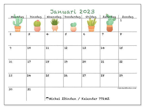 Kalender januari 2023 om af te drukken. Maandkalender “772MZ” en agenda om gratis af te drukken