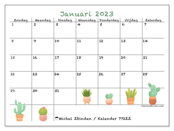 Kalender januari 2023, 772ZZ. Gratis printbare kalender.