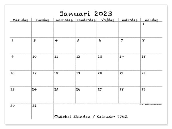 77MZ, kalender januari 2023, om af te drukken, gratis.