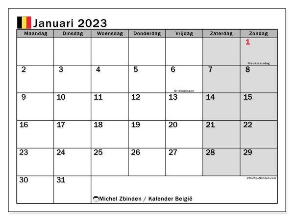 België, kalender januari 2023, om af te drukken, gratis.