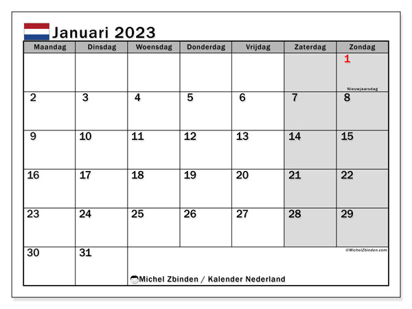Kalender januari 2023 met feestdagen voor Nederland. Gratis printbare kalender.