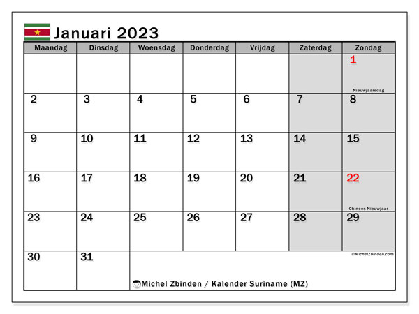 Kalender “Suriname (MZ)” om af te drukken, met feestdagen. Maandkalender januari 2023 en schema om gratis af te drukken.