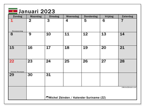 Kalender om af te drukken, januari 2023, Suriname (ZZ)
