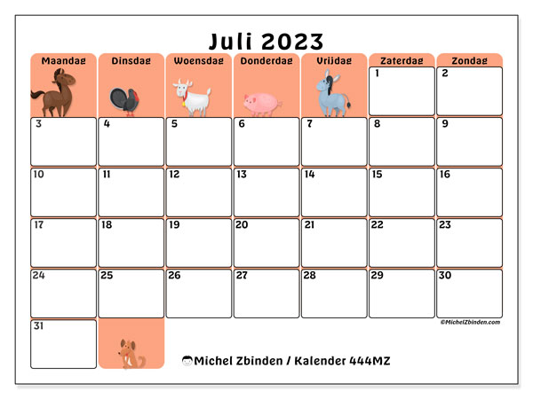 Kalender juli 2023, 444MZ. Gratis printbare kaart.