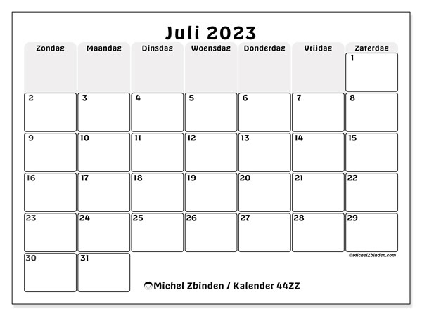 Kalender juli 2023, 44ZZ. Gratis printbare kaart.