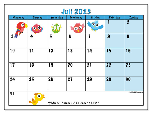 Kalender juli 2023, 483MZ. Gratis printbare kaart.