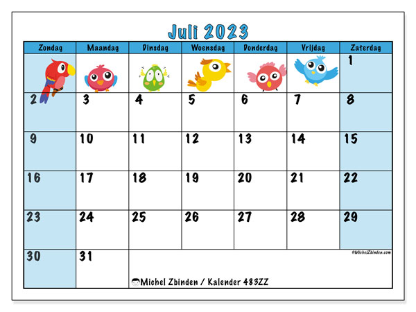 Kalender juli 2023, 483ZZ. Gratis printbare kaart.