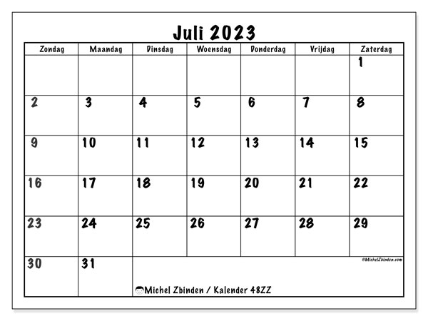 Kalender juli 2023, 48ZZ. Gratis afdrukbare kalender.