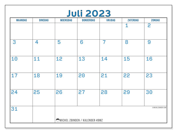 Kalender juli 2023, 49MZ. Gratis afdrukbare kalender.