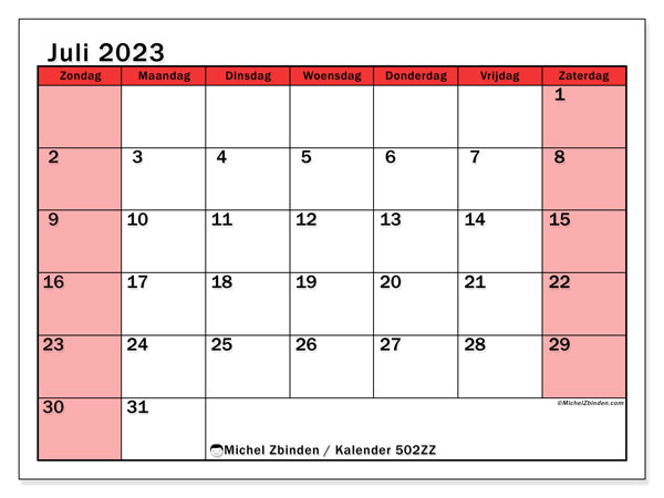 Kalender juli 2023 “502”. Gratis afdrukbaar programma.. Zondag tot zaterdag
