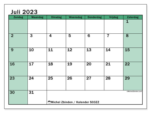 Kalender juli 2023, 503ZZ. Gratis printbare kaart.