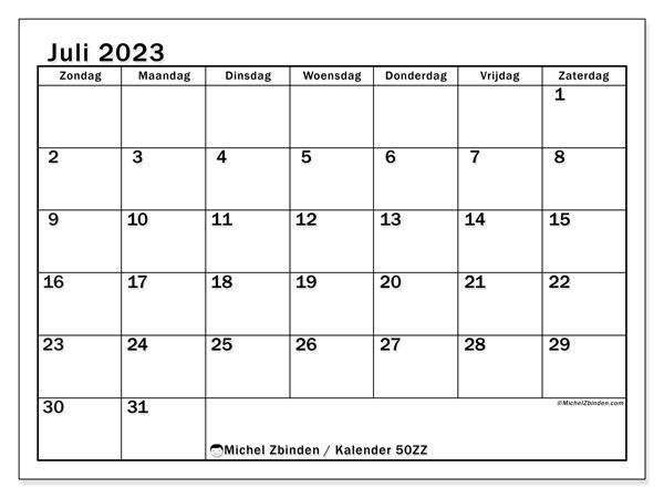 Kalender juli 2023, 50ZZ. Gratis printbare kalender.