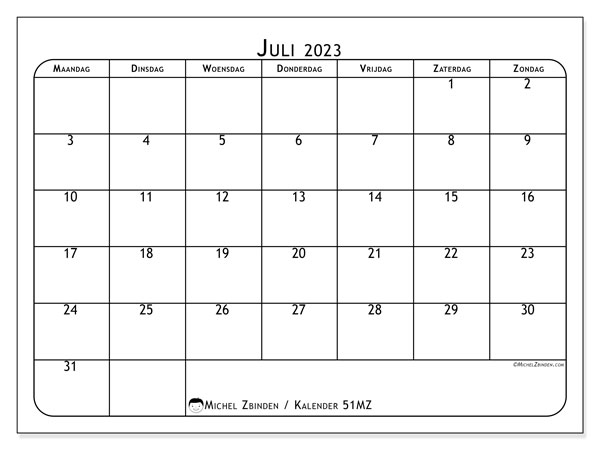 Kalender juli 2023 om af te drukken. Maandkalender “51MZ” en agenda om gratis af te drukken