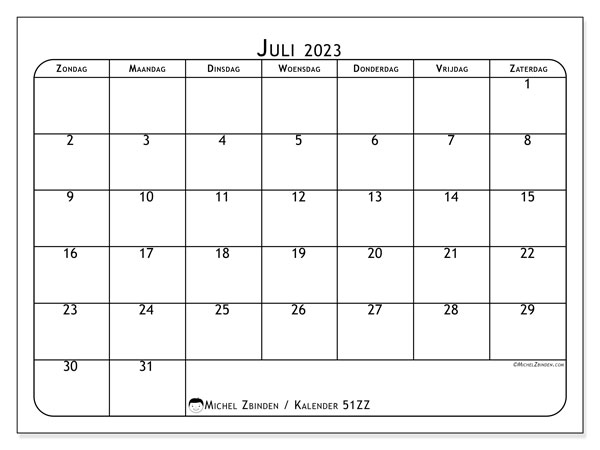 Kalender juli 2023, 51ZZ. Gratis printbare kaart.