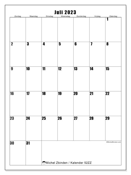 Kalender juli 2023, 52ZZ. Gratis afdrukbare kalender.