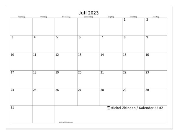 Kalender juli 2023, 53MZ. Gratis afdrukbare kalender.