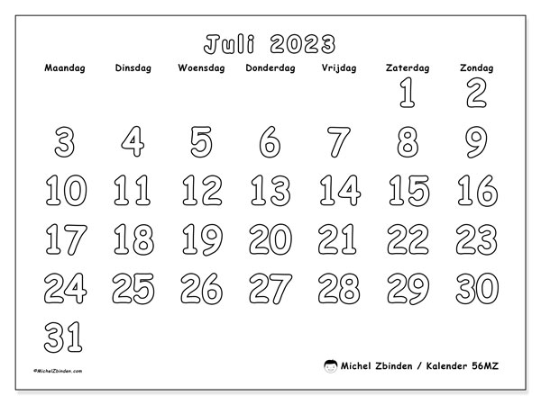 Kalender juli 2023 “56”. Gratis printbare kaart.. Maandag tot zondag