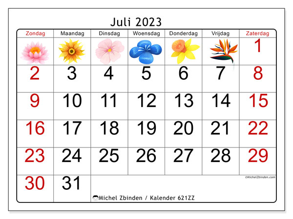 Kalender juli 2023, 621ZZ. Gratis afdrukbare kalender.