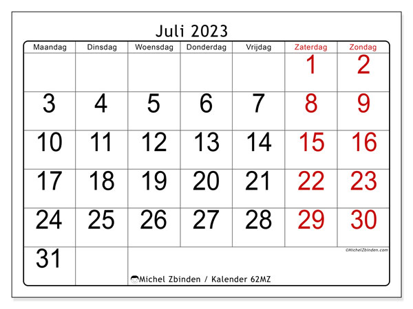 Kalender juli 2023, 62MZ. Gratis printbare kaart.