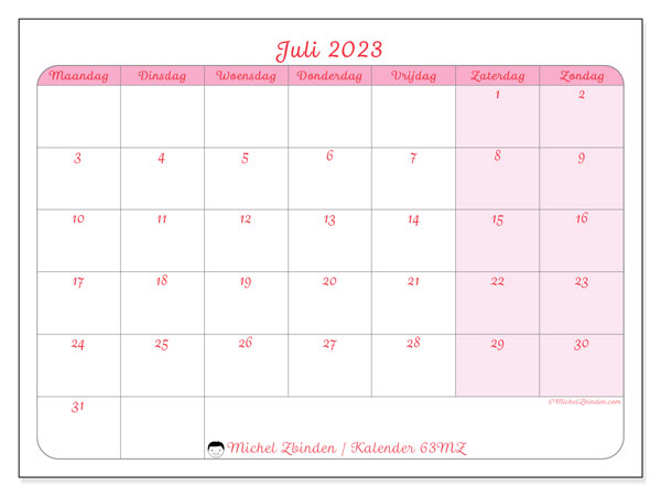 Kalender om af te drukken, juli 2023, 63MZ