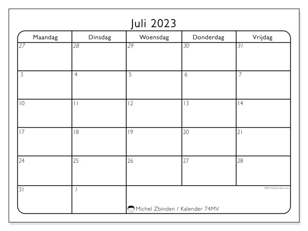 Kalender juli 2023, 74ZZ. Gratis printbare kaart.