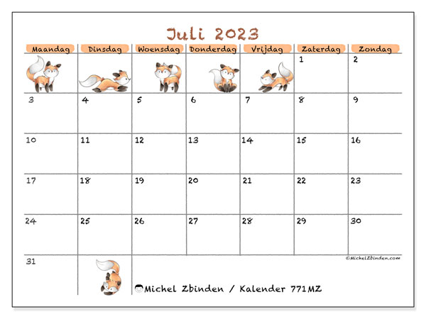 Kalender juli 2023, 771MZ. Gratis printbare kaart.