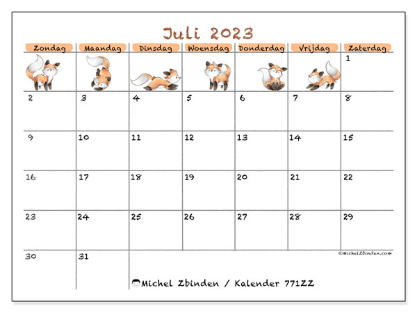 Kalender om af te drukken, juli 2023, 771ZZ